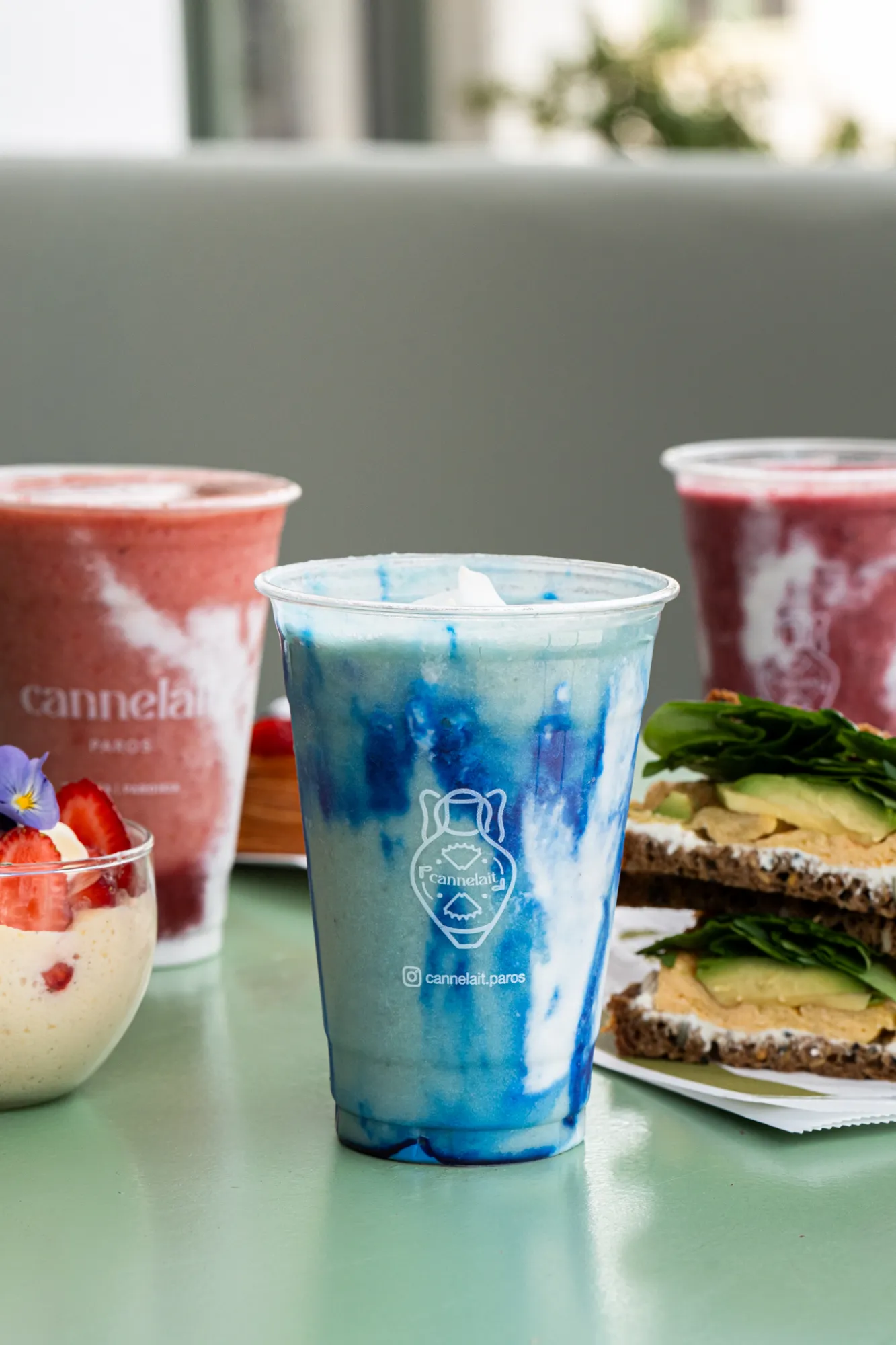 blue smoothie with brunch spread
