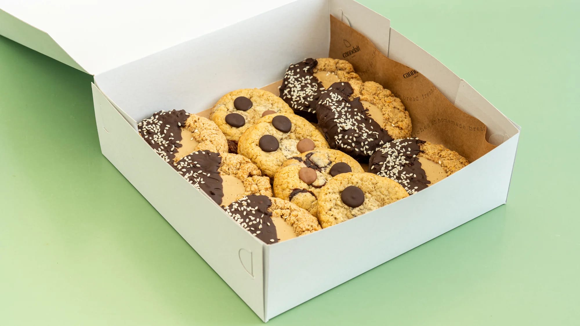 cookie selection box with chocolate chip and tahini cookies